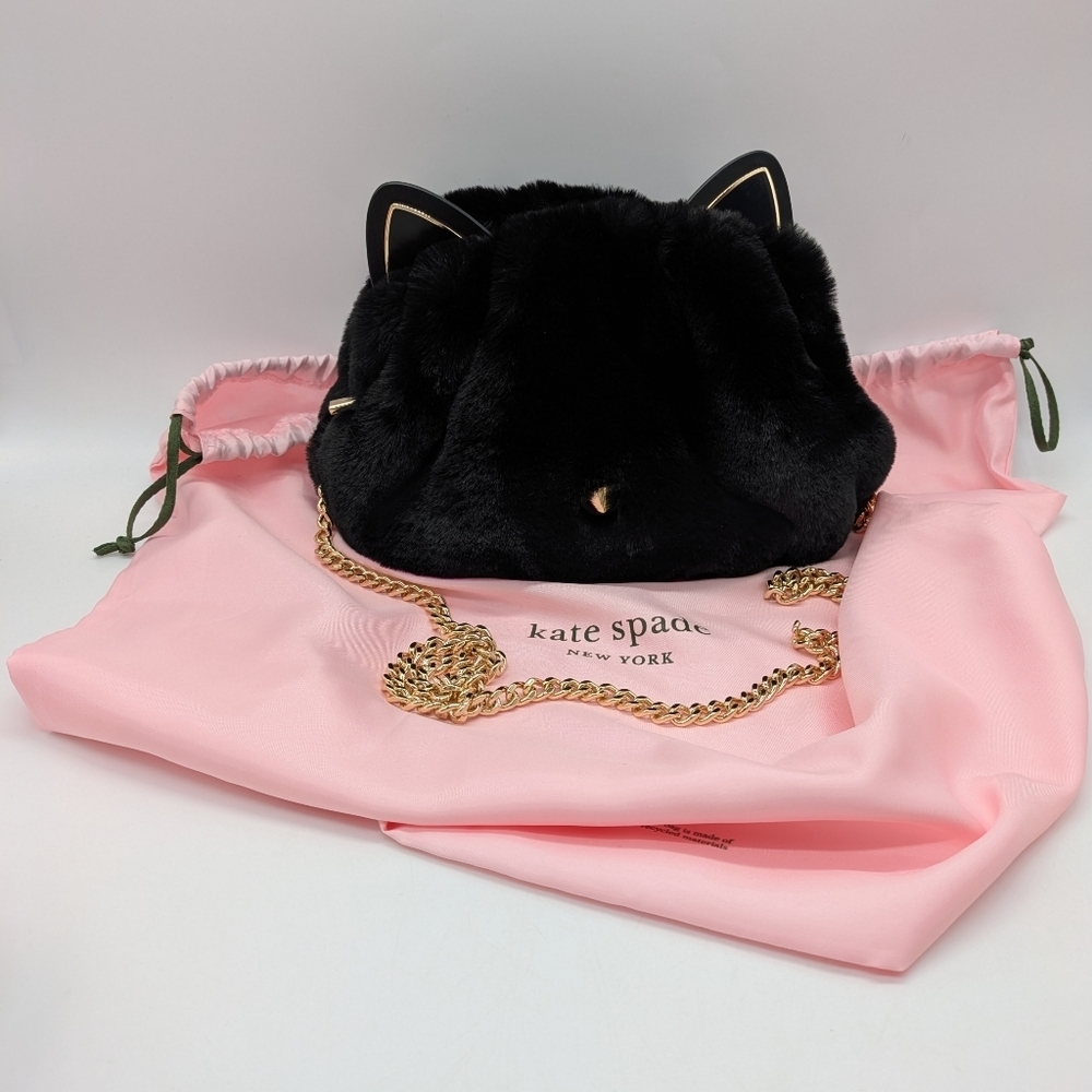 Kate Spade Pitch Purrfect Black Gold Fuzzy Faux Fur Novelty Cat Purse